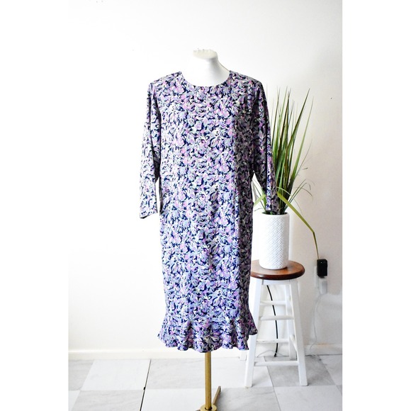 Dresses & Skirts - Vintage Floral Shift Dress Womens L Purple 80s Ruffle Hem Pockets Midi